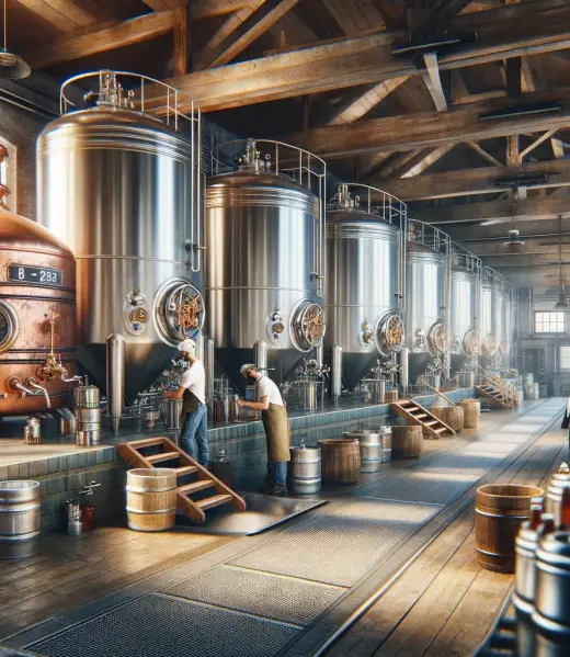 DALL·E 2024-06-02 12.34.28 - A high-quality realistic photo of a beer brewery. The scene features large stainless steel fermentation tanks, copper brewing kettles, and workers in